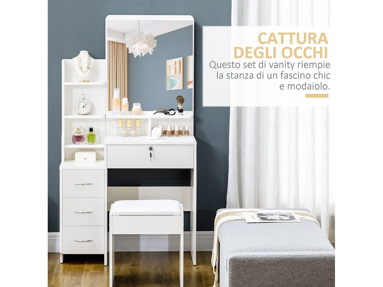 Tavolino da trucco con sgabello specchio cassetti e ripiani bianco