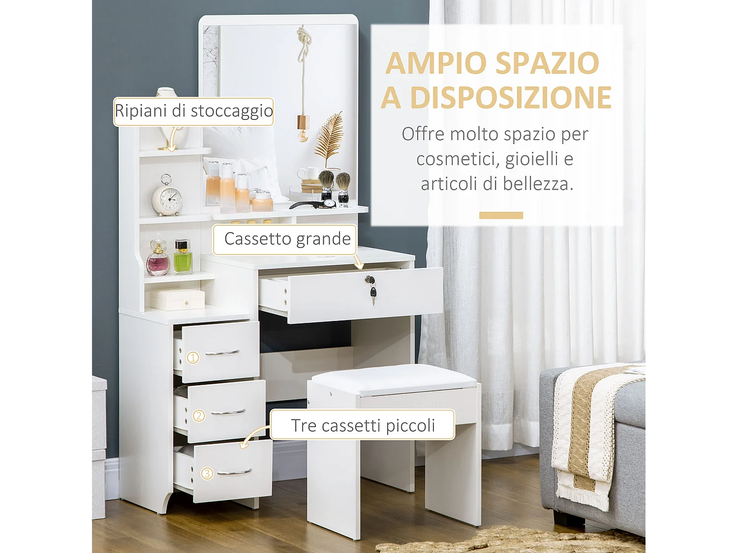 Tavolino da trucco con sgabello specchio cassetti e ripiani bianco