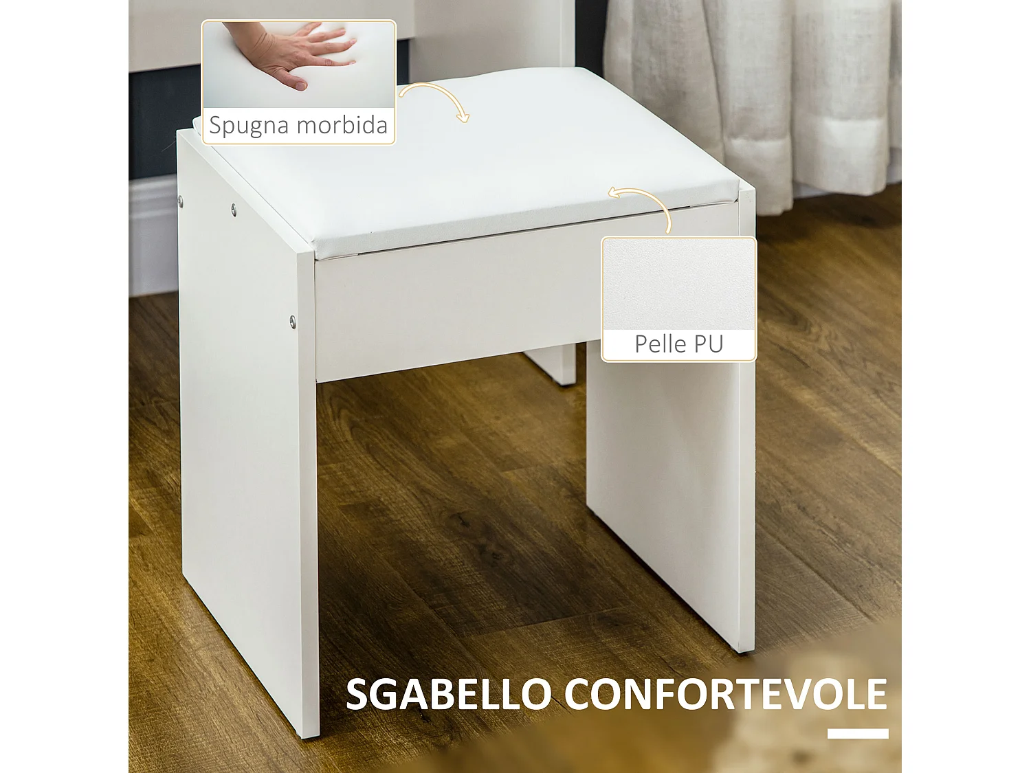 Tavolino da trucco con sgabello specchio cassetti e ripiani bianco