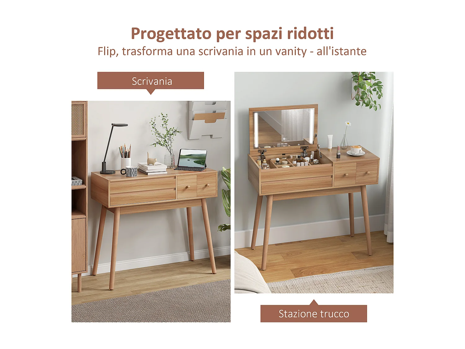 Tavolo da trucco scrivania 2 in 1 con specchio e spazio contenitore