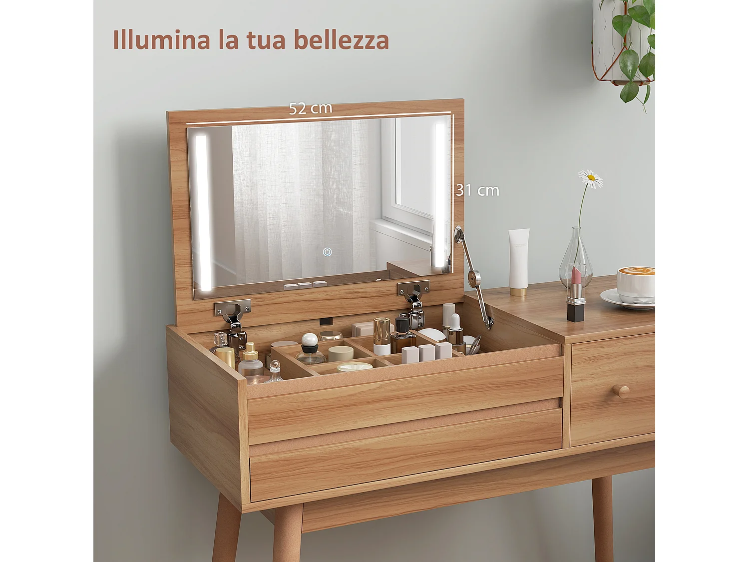 Tavolo da trucco scrivania 2 in 1 con specchio e spazio contenitore