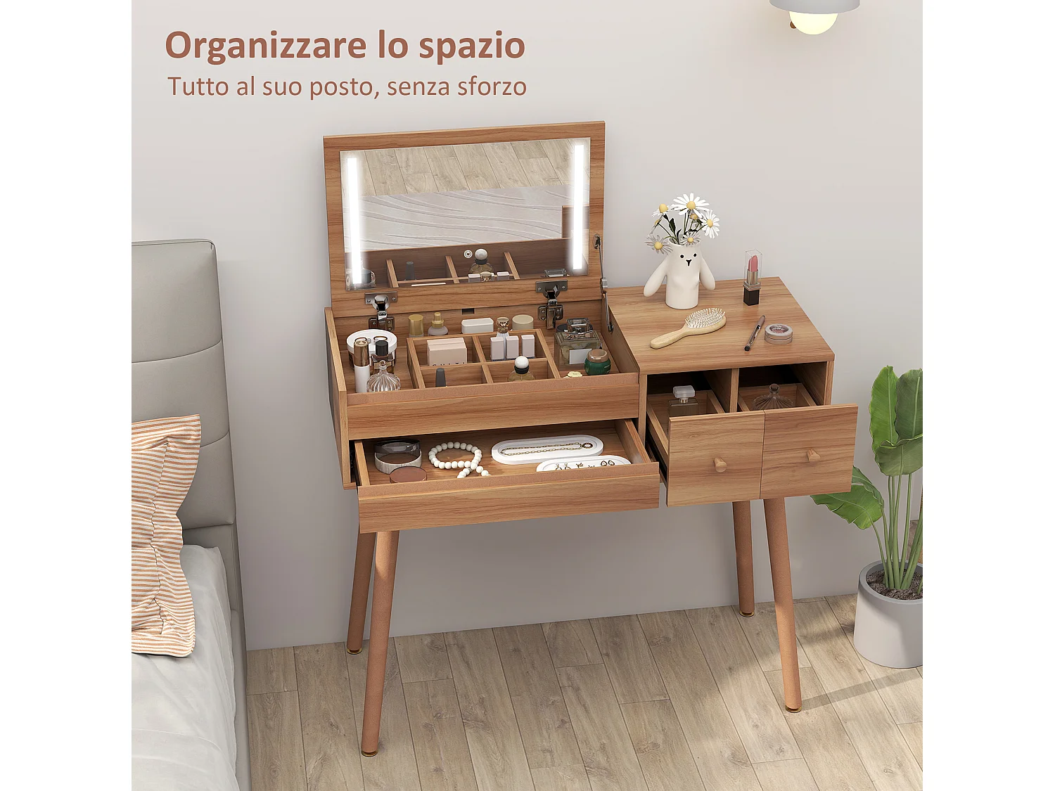Tavolo da trucco scrivania 2 in 1 con specchio e spazio contenitore