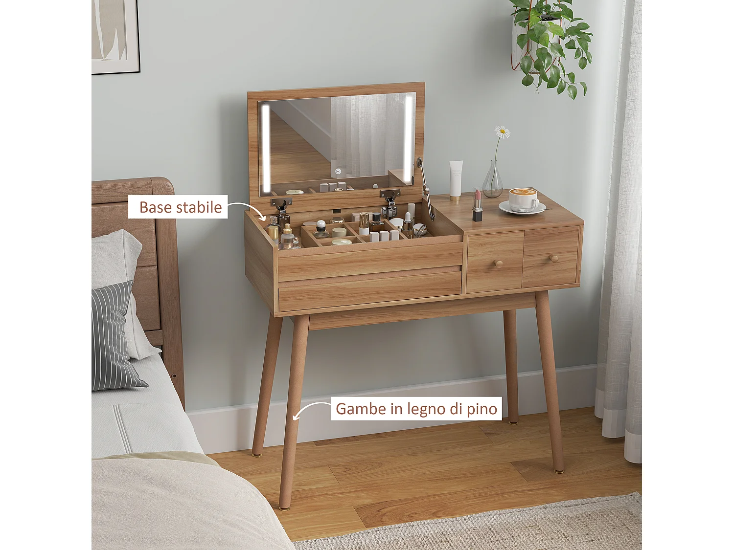 Tavolo da trucco scrivania 2 in 1 con specchio e spazio contenitore