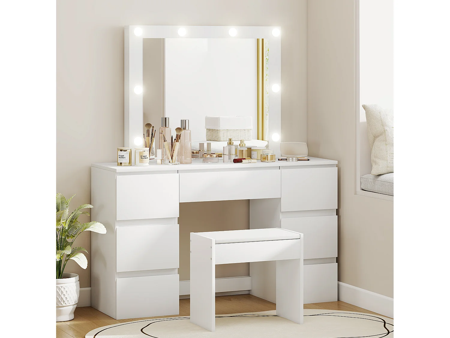 Toeletta trucco con specchio con luci e sgabello imbottito bianco