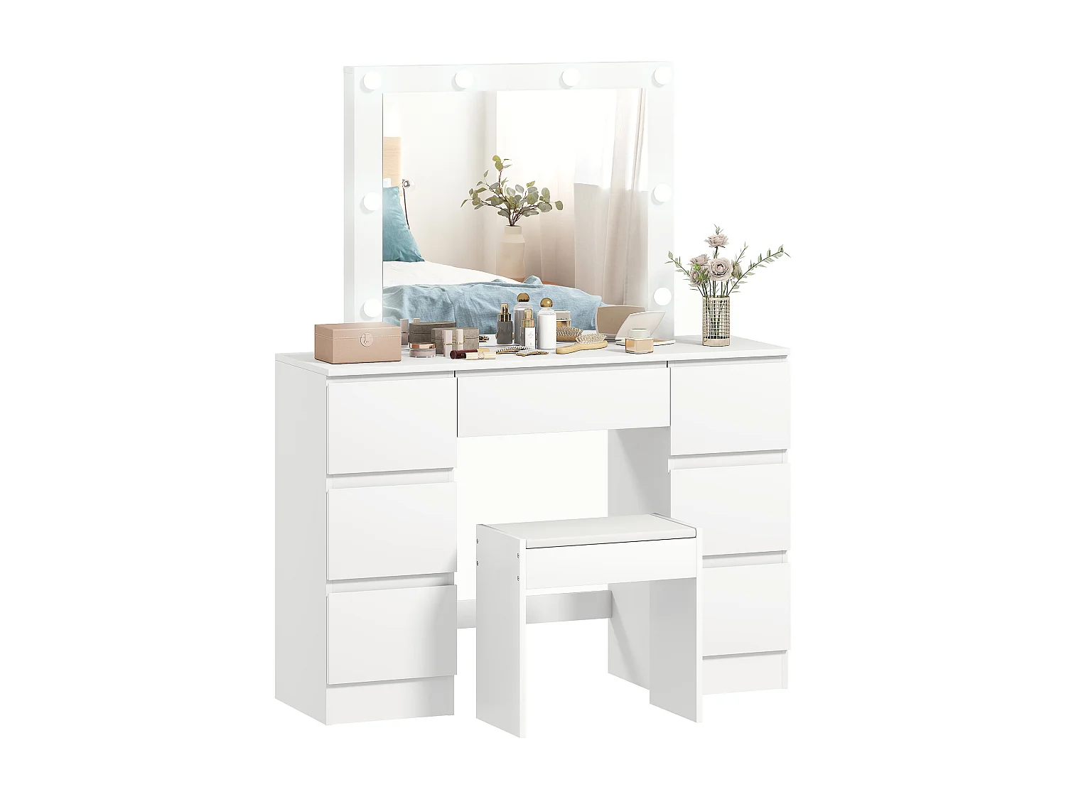 Toeletta trucco con specchio con luci e sgabello imbottito bianco