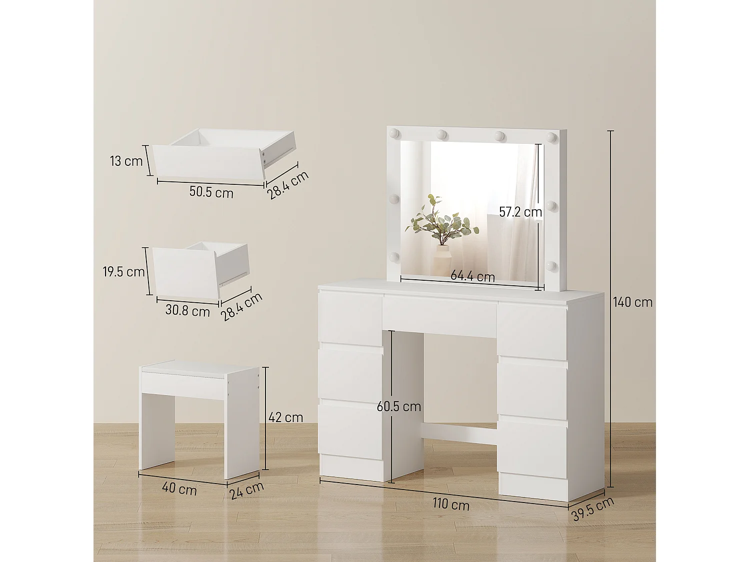 Toeletta trucco con specchio con luci e sgabello imbottito bianco