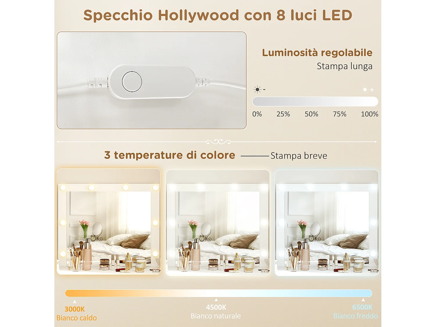 Toeletta trucco con specchio con luci e sgabello imbottito bianco