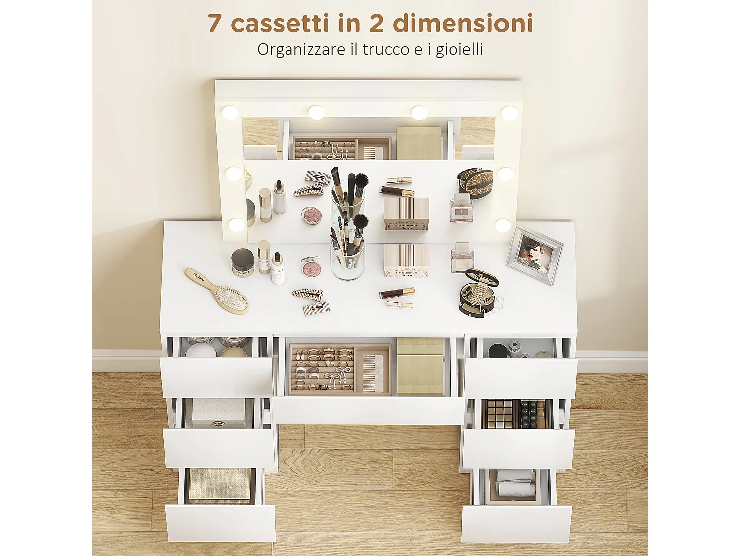 Toeletta trucco con specchio con luci e sgabello imbottito bianco