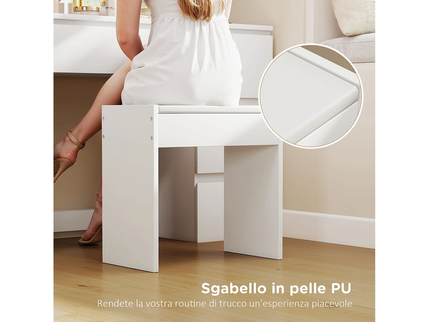 Toeletta trucco con specchio con luci e sgabello imbottito bianco