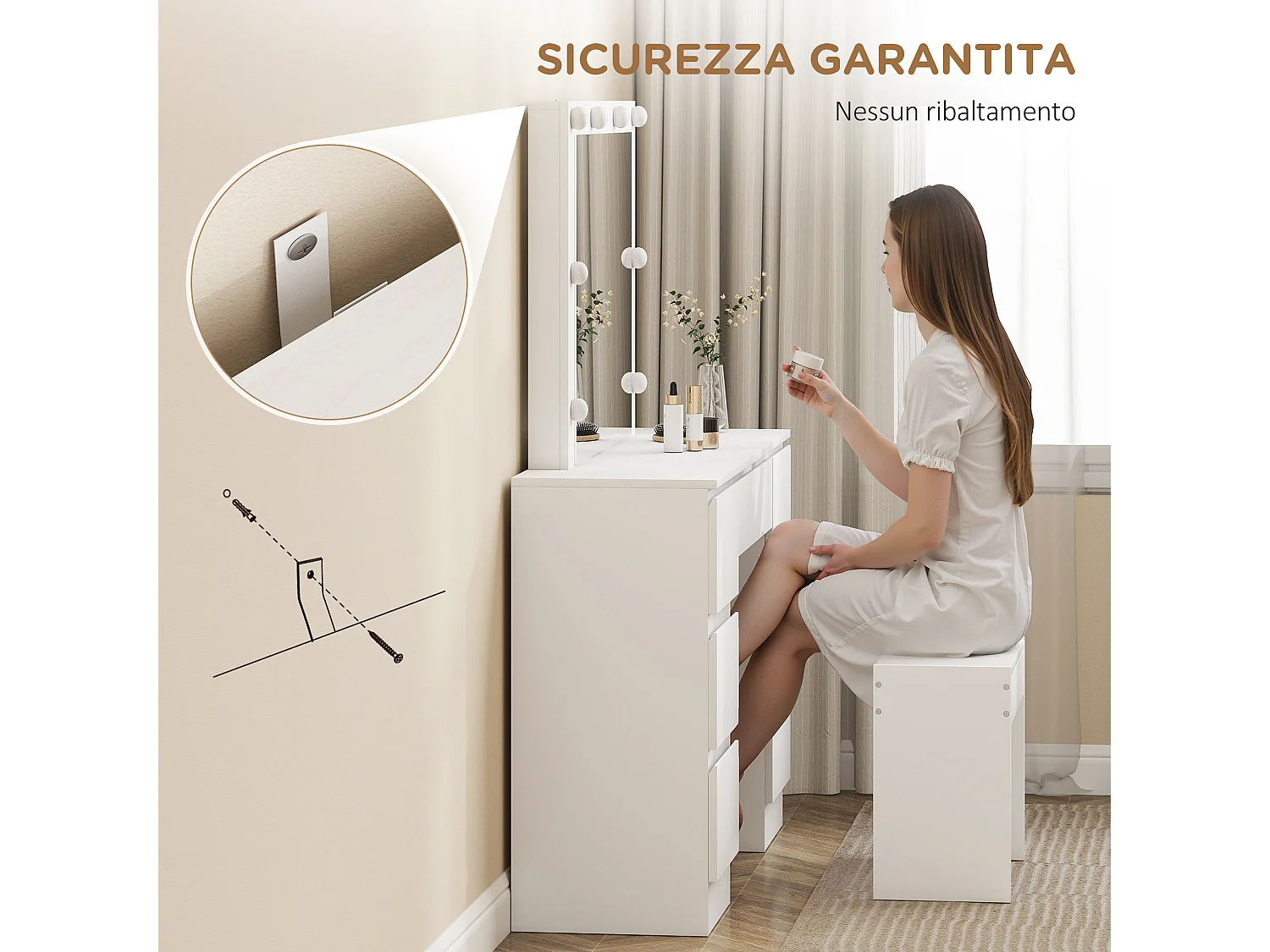 Toeletta trucco con specchio con luci e sgabello imbottito bianco