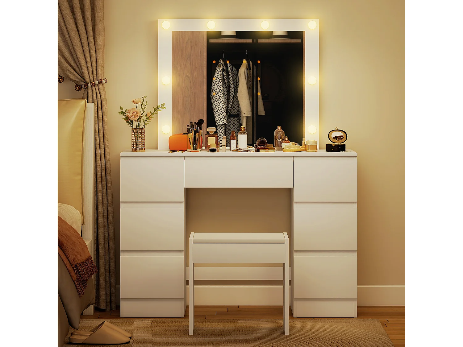 Toeletta trucco con specchio con luci e sgabello imbottito bianco