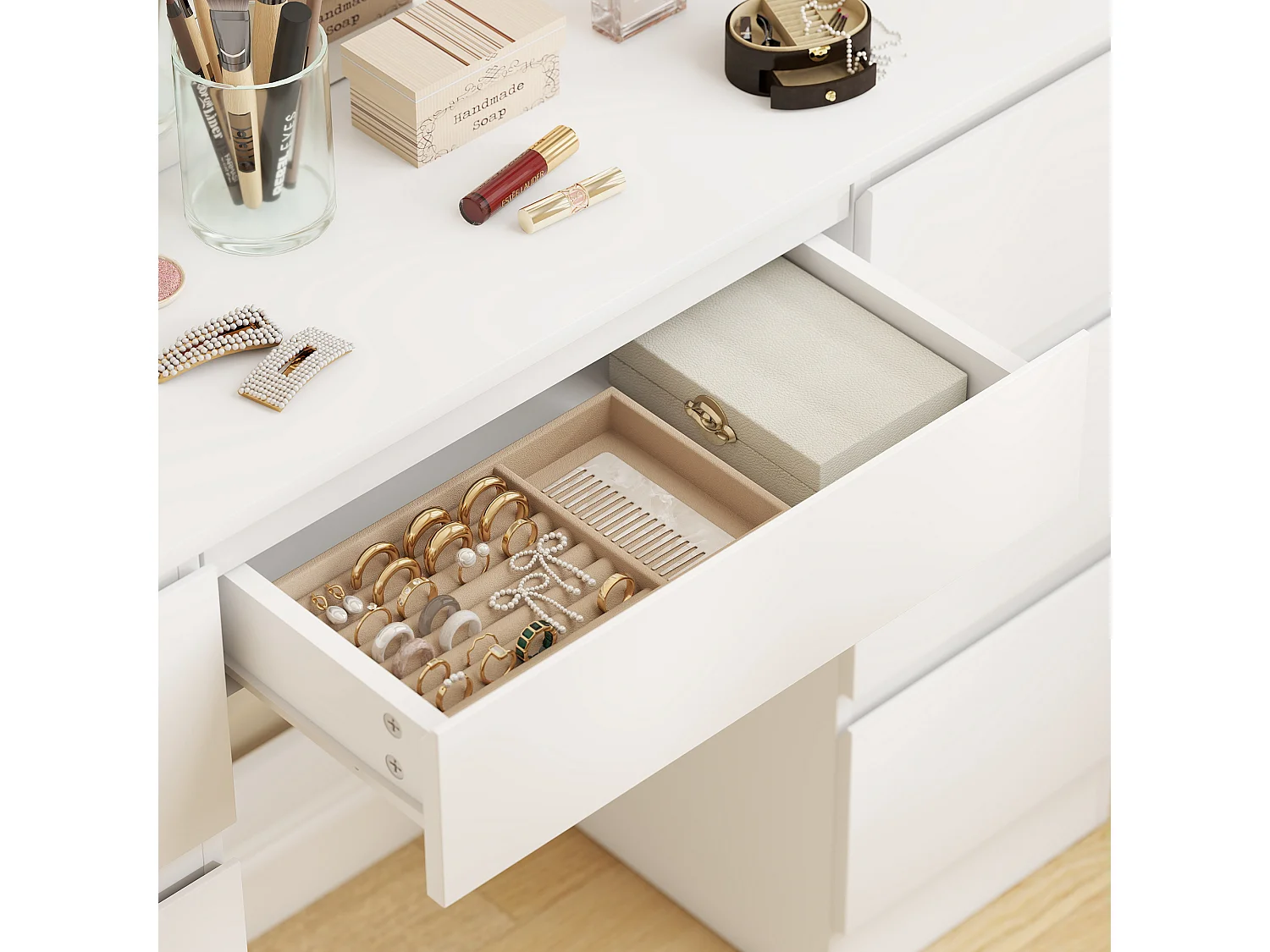 Toeletta trucco con specchio con luci e sgabello imbottito bianco