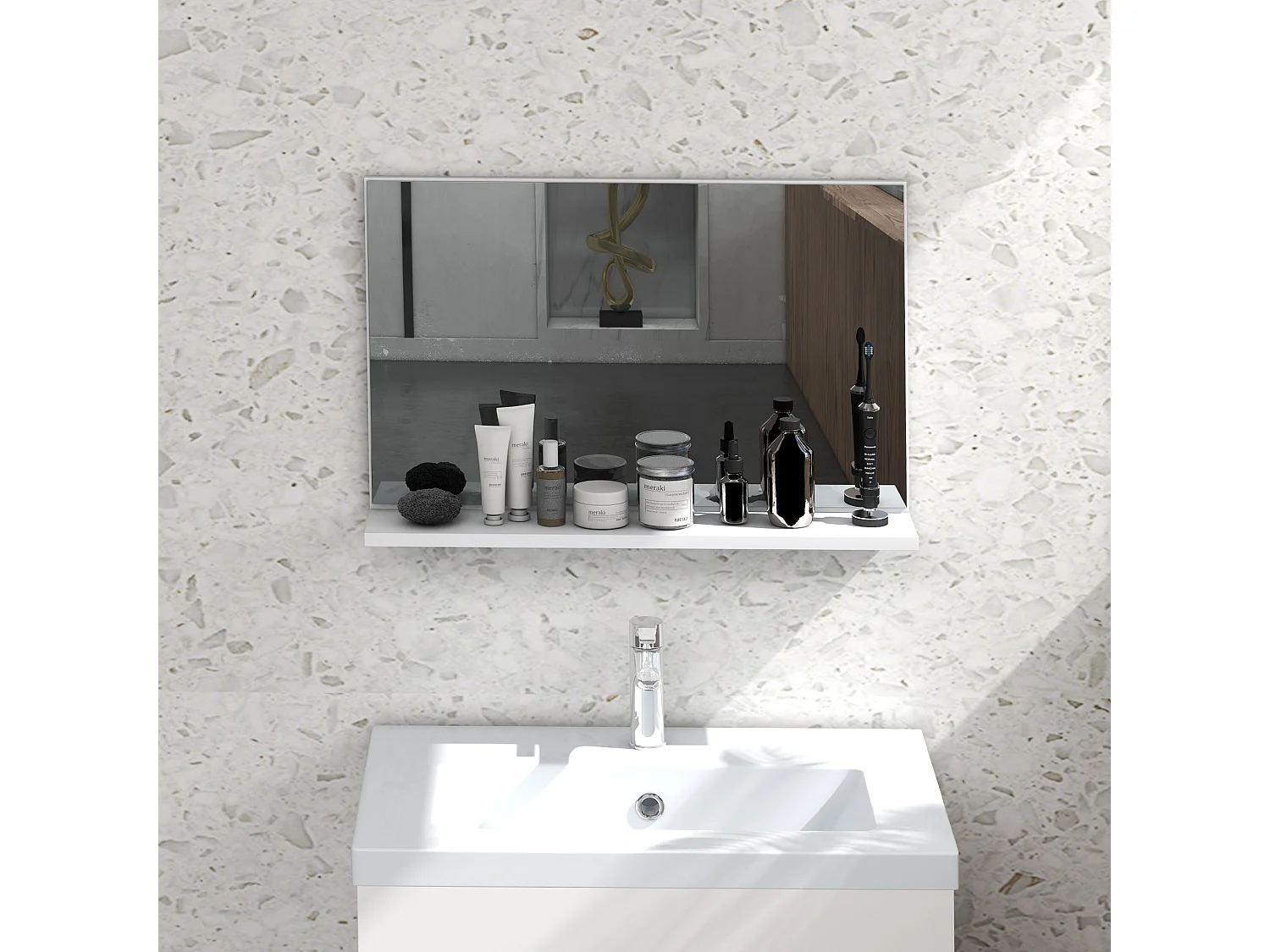 Specchio bagno da parete con mensola design moderno 60x12x40cm bianco