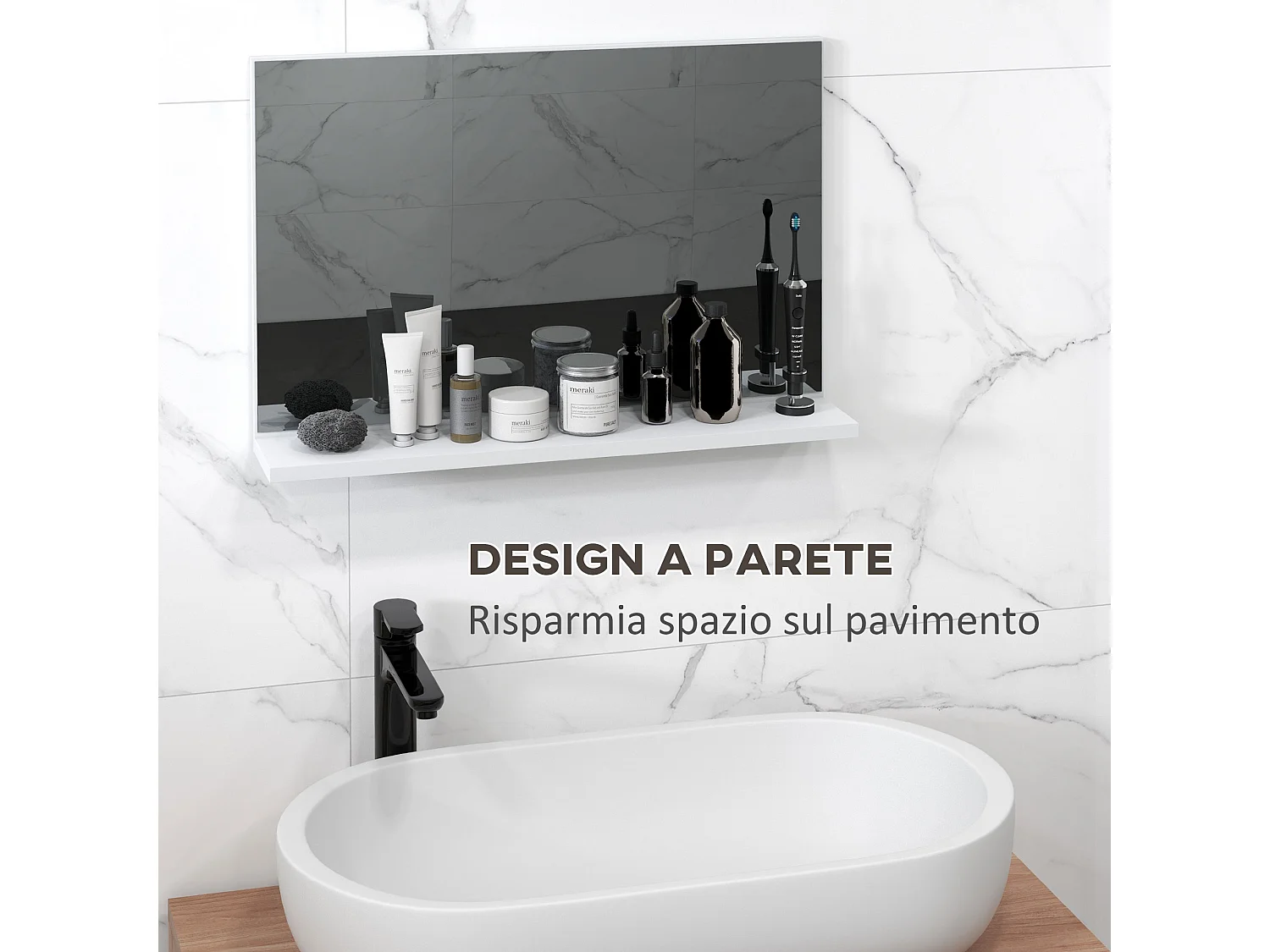Specchio bagno da parete con mensola design moderno 60x12x40cm bianco