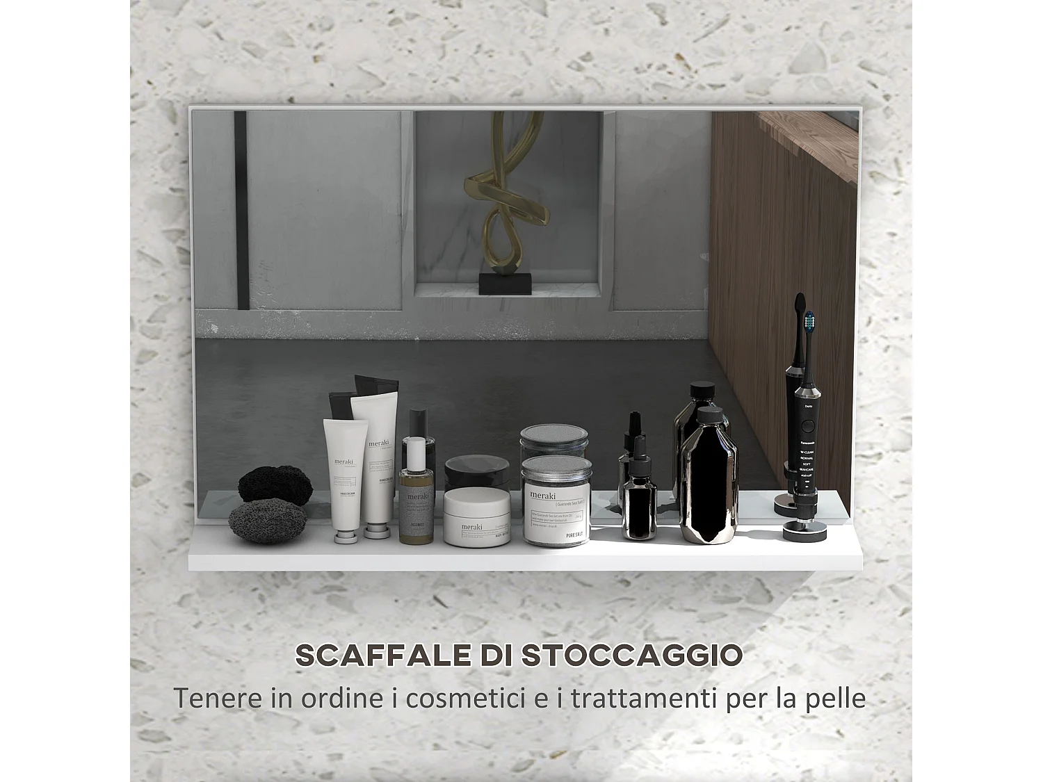 Specchio bagno da parete con mensola design moderno 60x12x40cm bianco