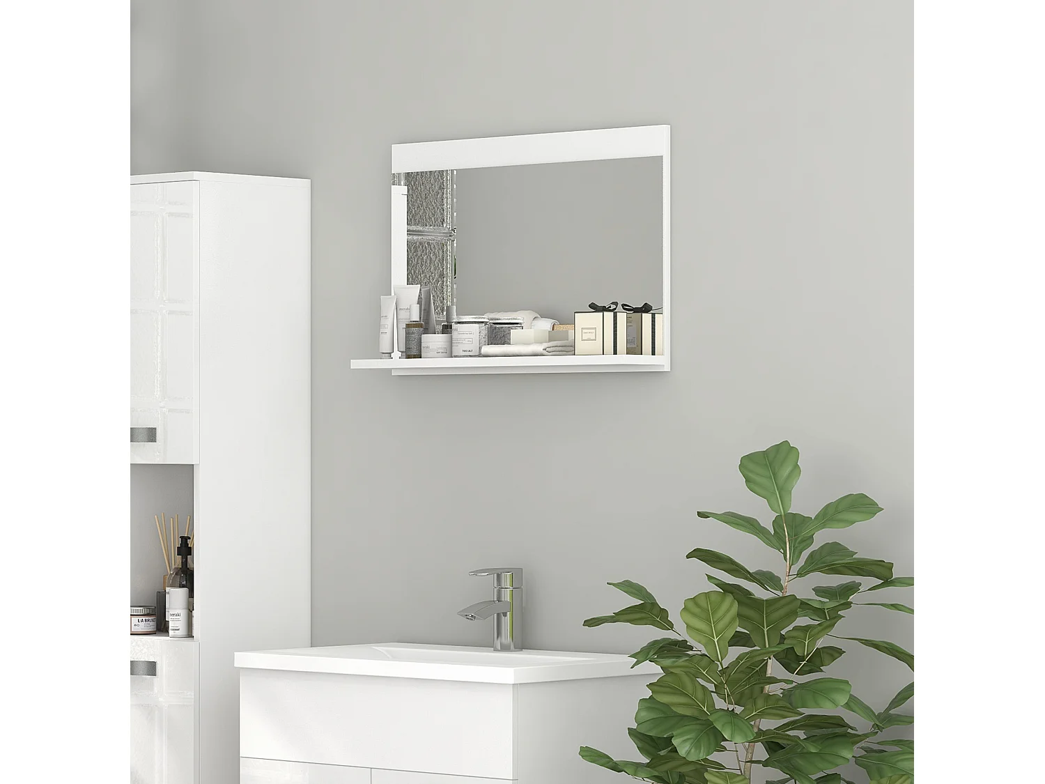 Specchio bagno da parete con mensola design moderno 60x12x40cm bianco