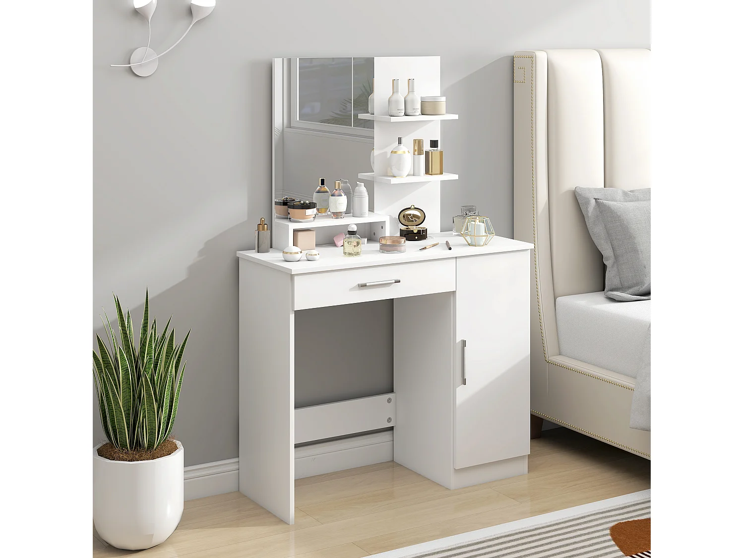 Tavolino per trucco con armadietto cassetto ripiani e specchio bianco