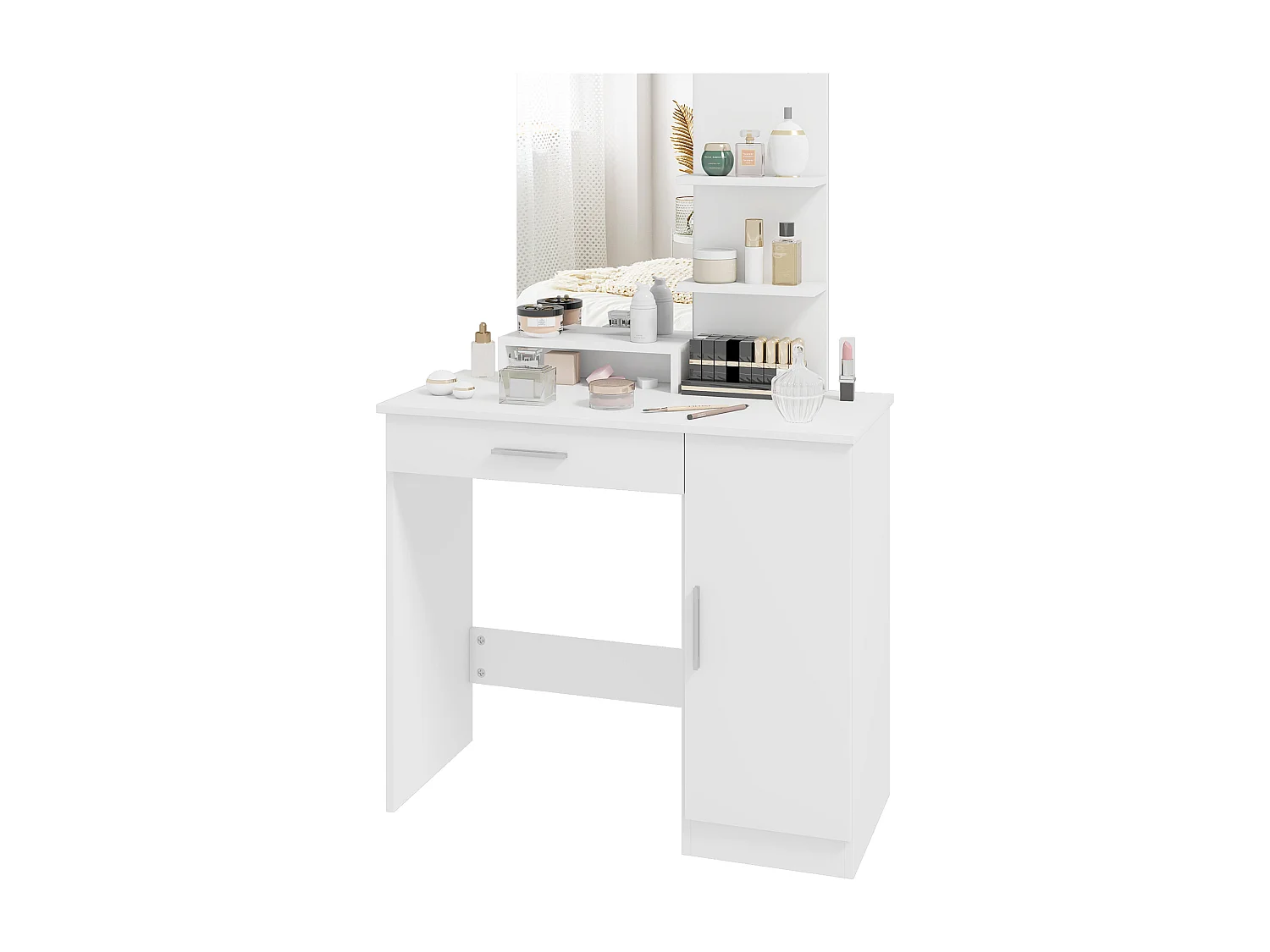 Tavolino per trucco con armadietto cassetto ripiani e specchio bianco