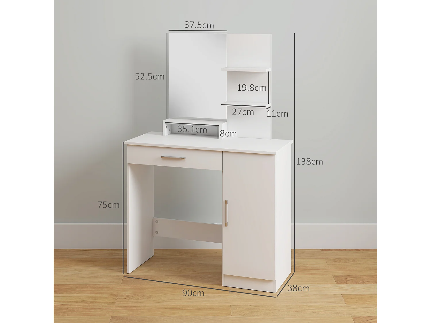 Tavolino per trucco con armadietto cassetto ripiani e specchio bianco