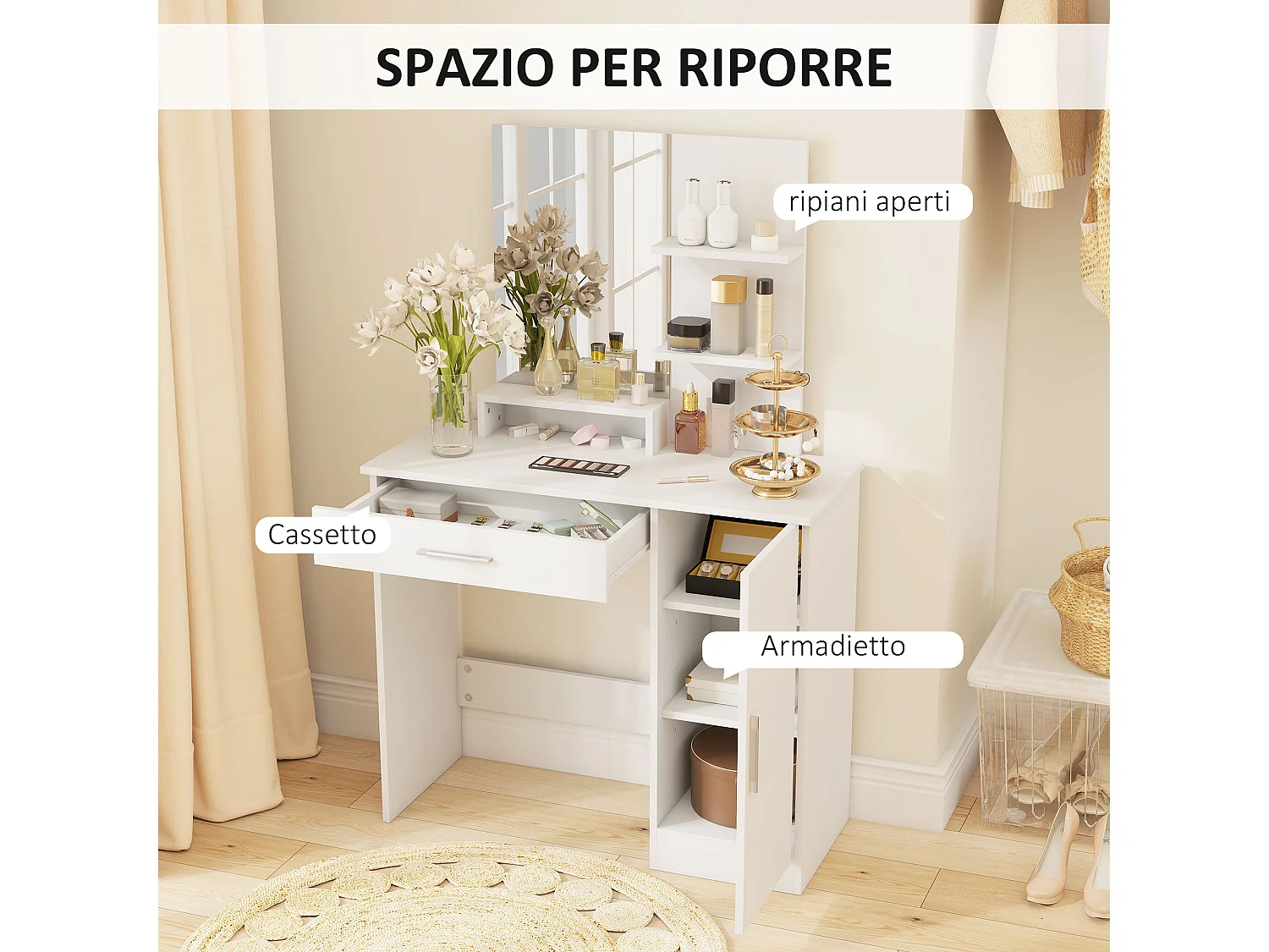 Tavolino per trucco con armadietto cassetto ripiani e specchio bianco
