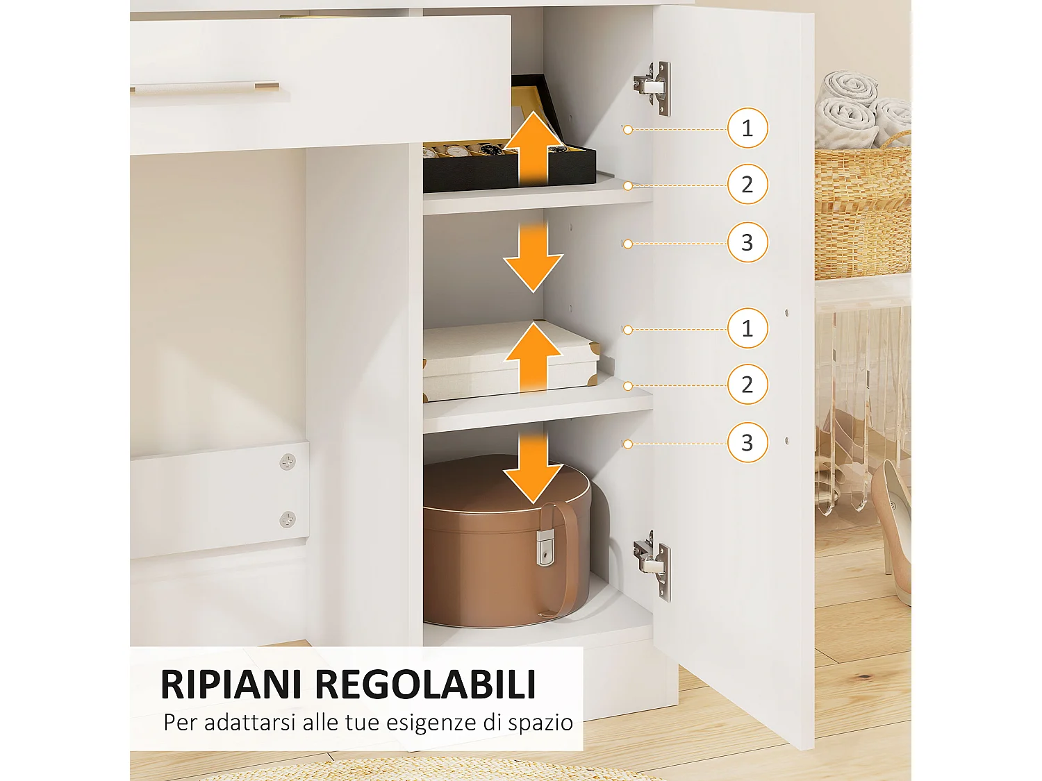 Tavolino per trucco con armadietto cassetto ripiani e specchio bianco