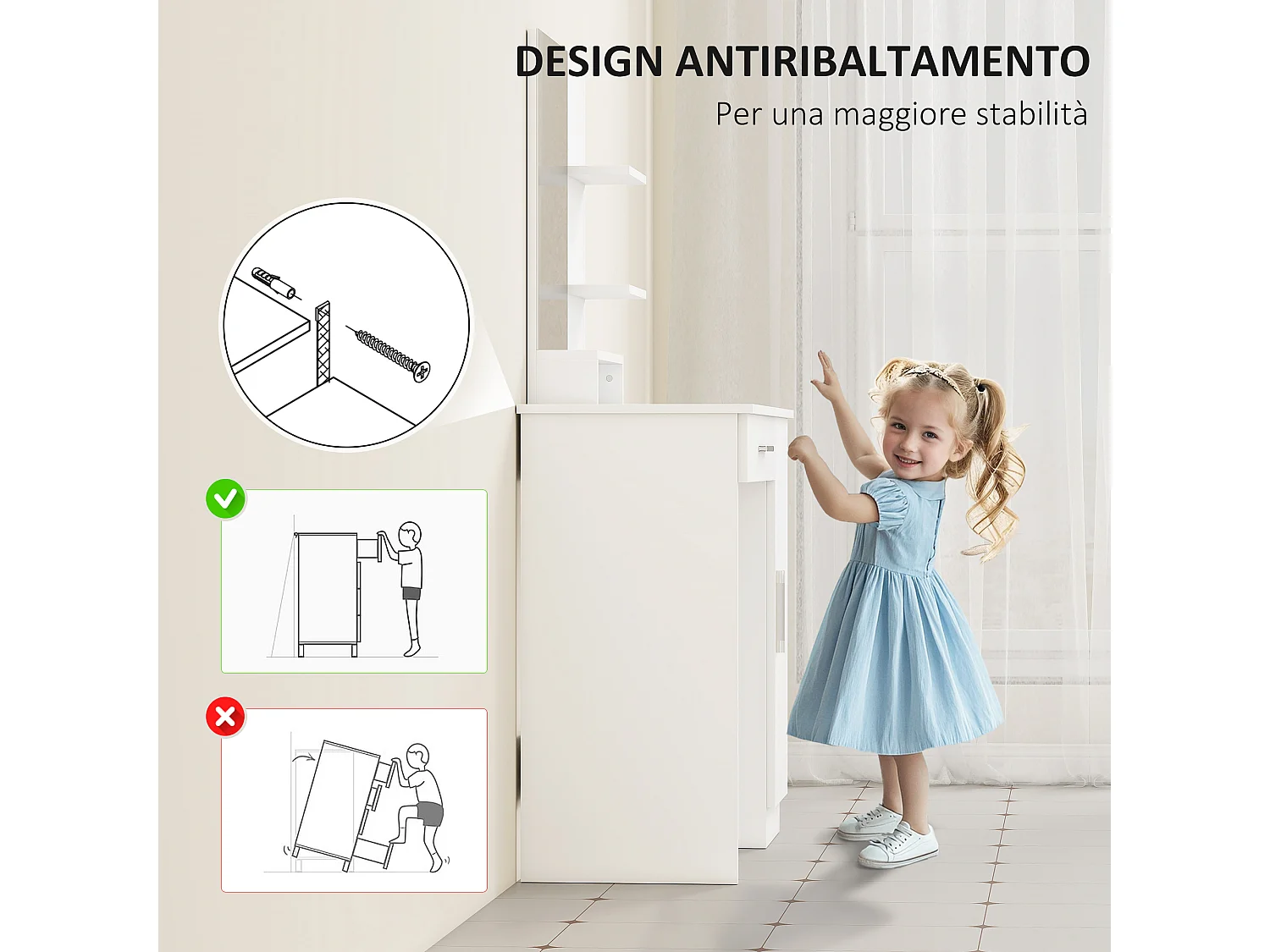 Tavolino per trucco con armadietto cassetto ripiani e specchio bianco