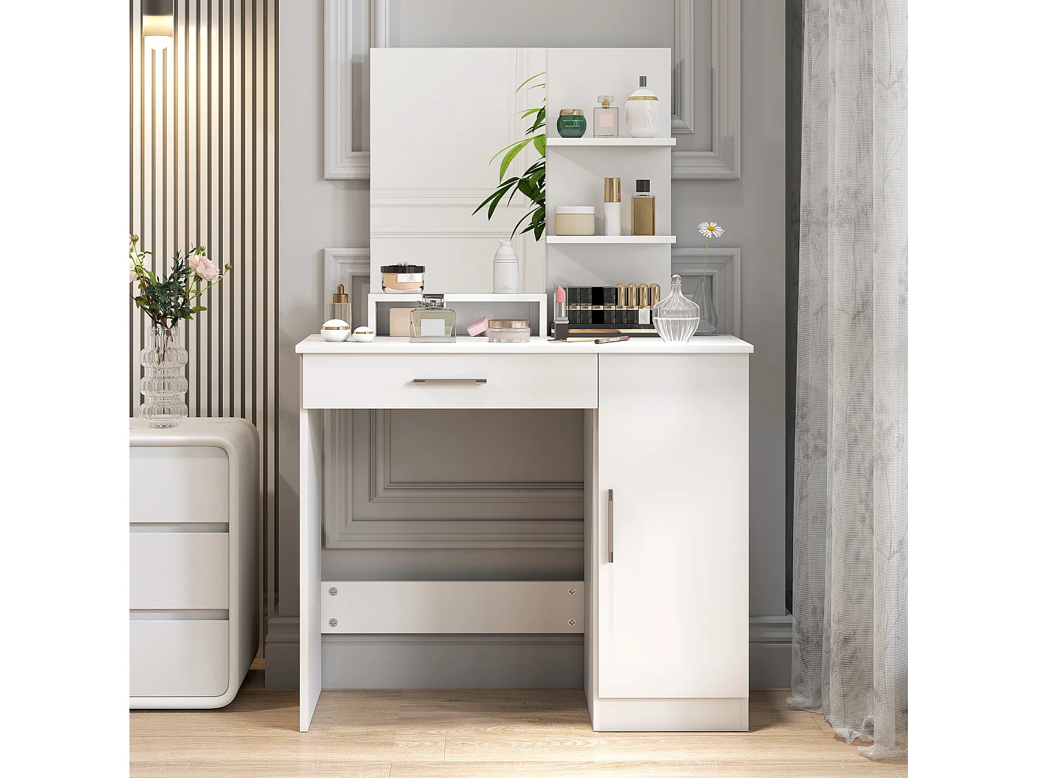 Tavolino per trucco con armadietto cassetto ripiani e specchio bianco