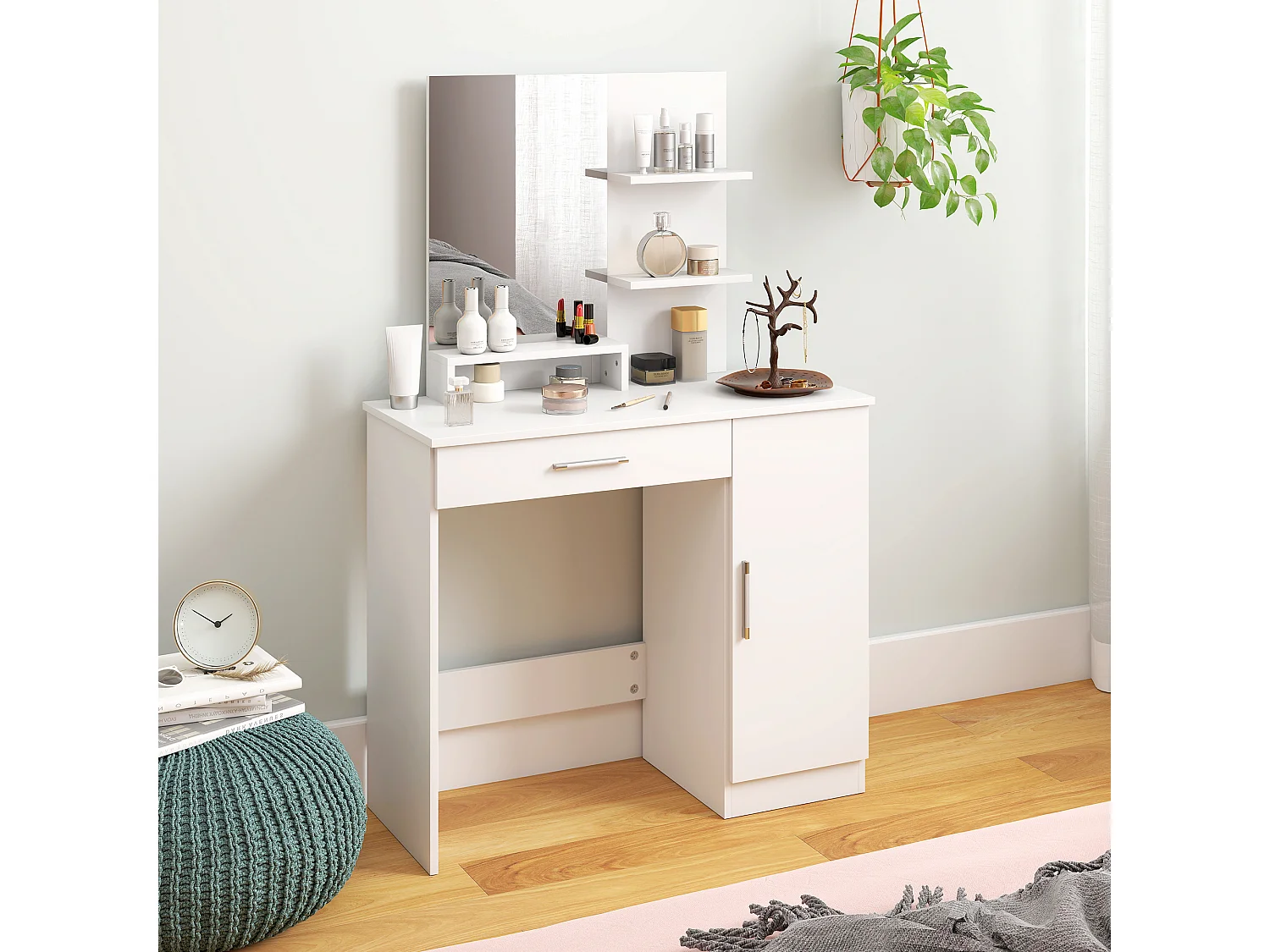 Tavolino per trucco con armadietto cassetto ripiani e specchio bianco