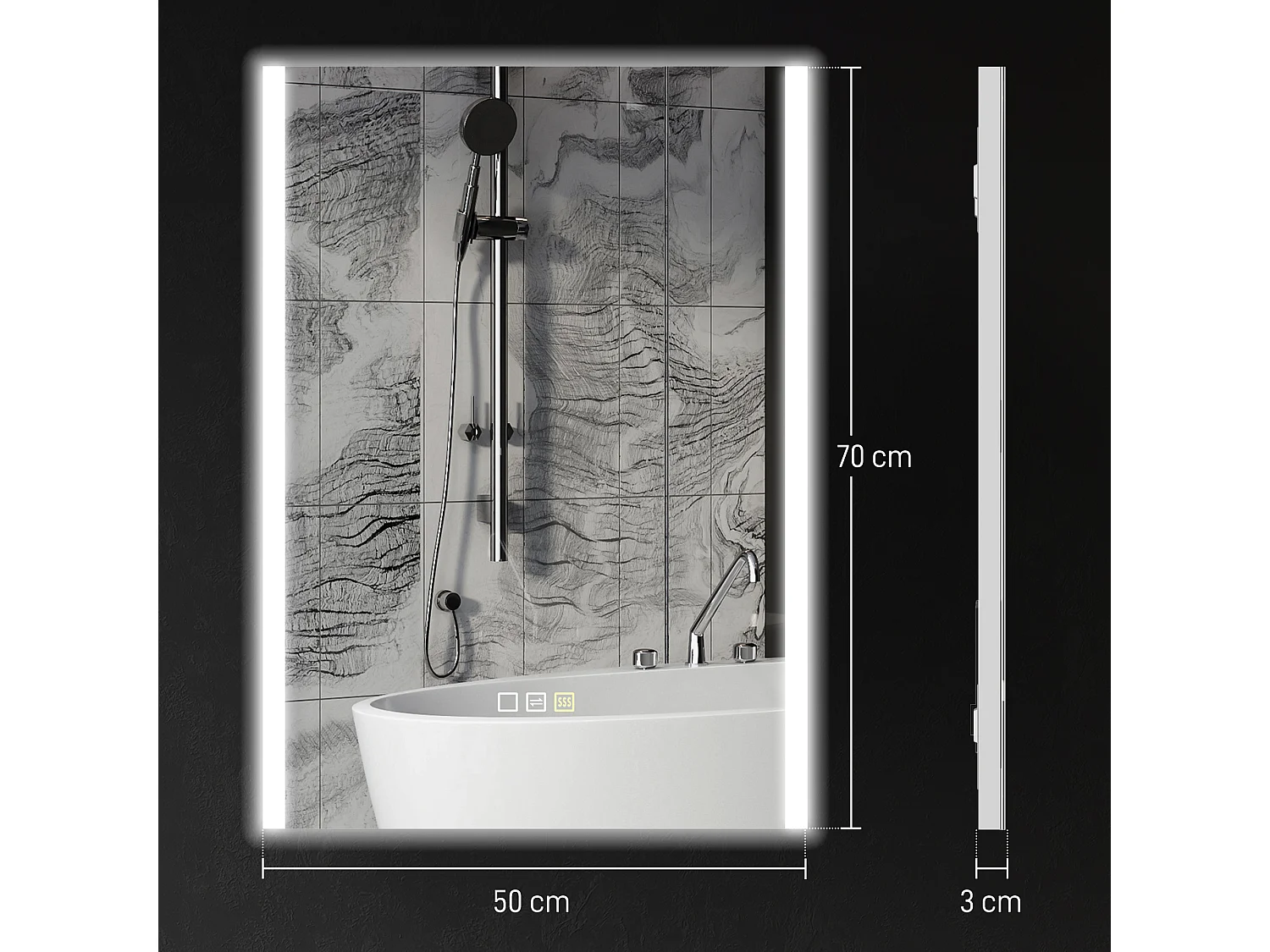 Specchio bagno da parete con luce led a 3 colori 70x50x3 cm