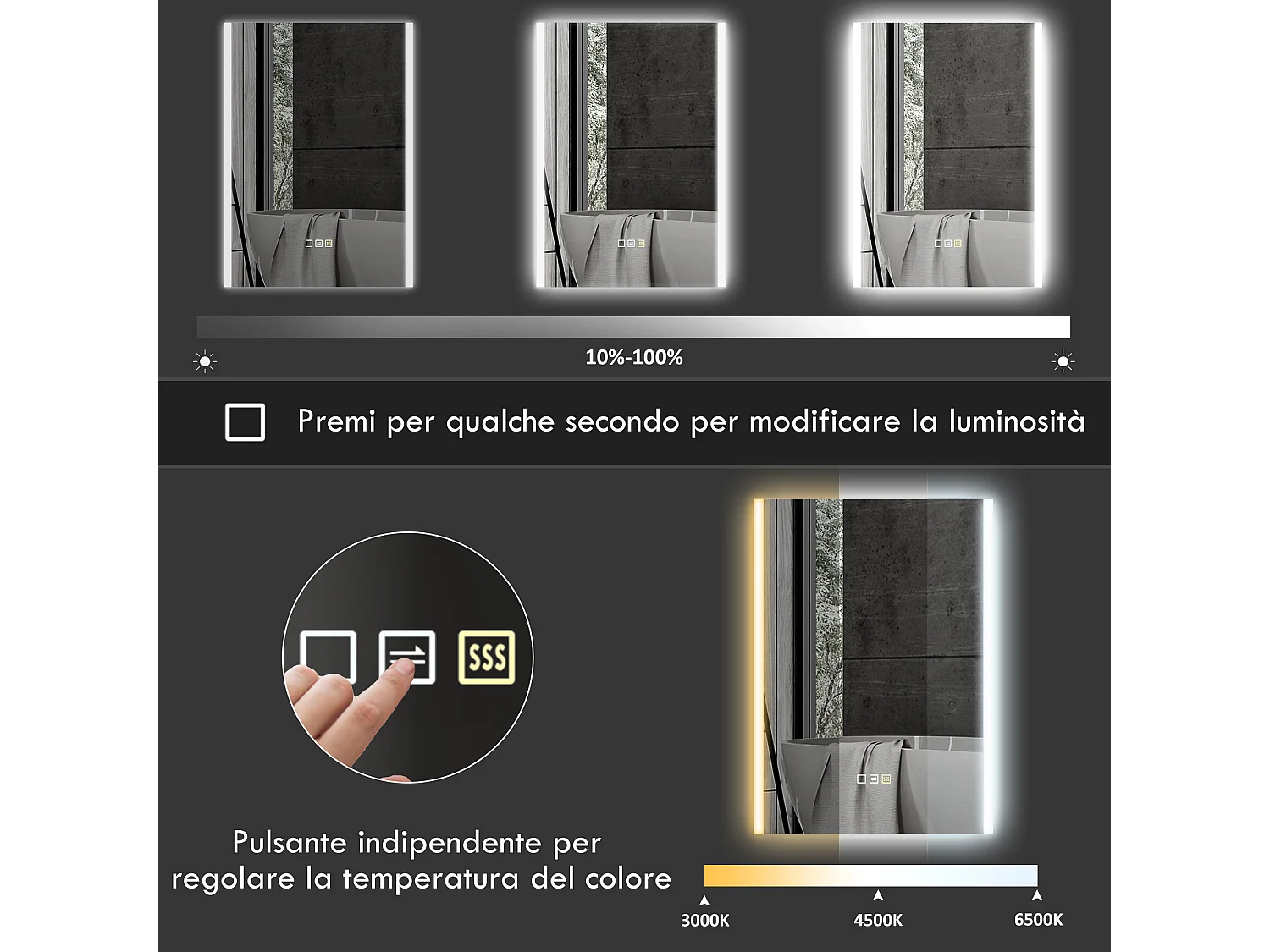 Specchio bagno da parete con luce led a 3 colori 70x50x3 cm