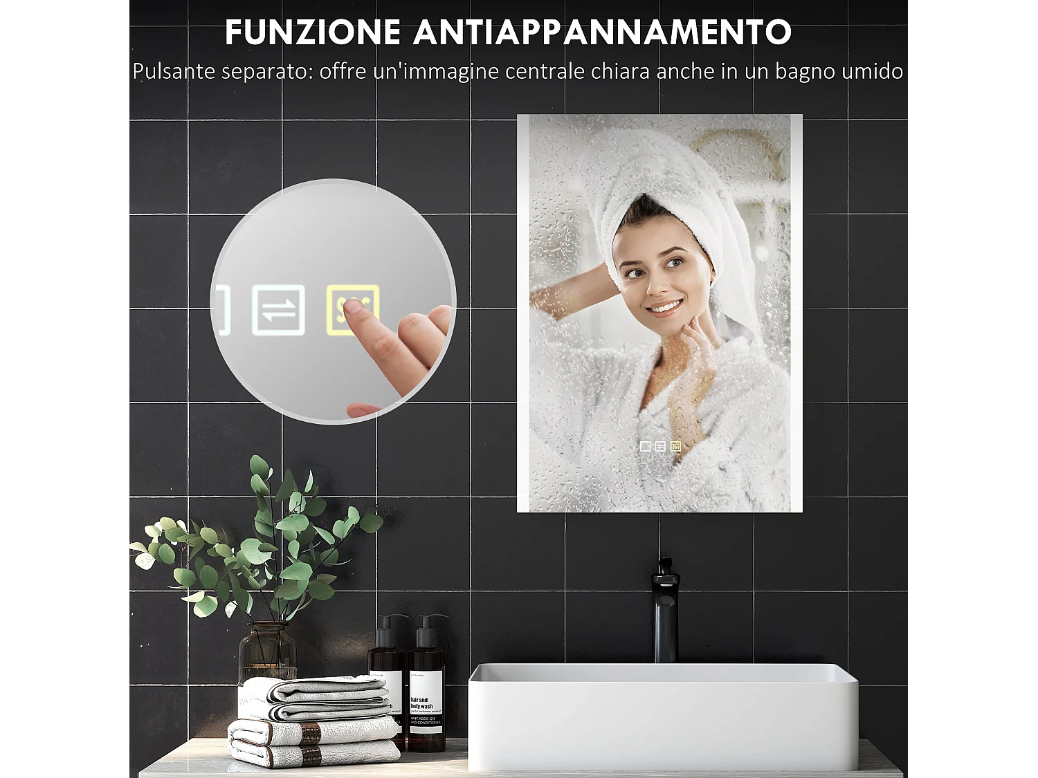 Specchio bagno da parete con luce led a 3 colori 70x50x3 cm