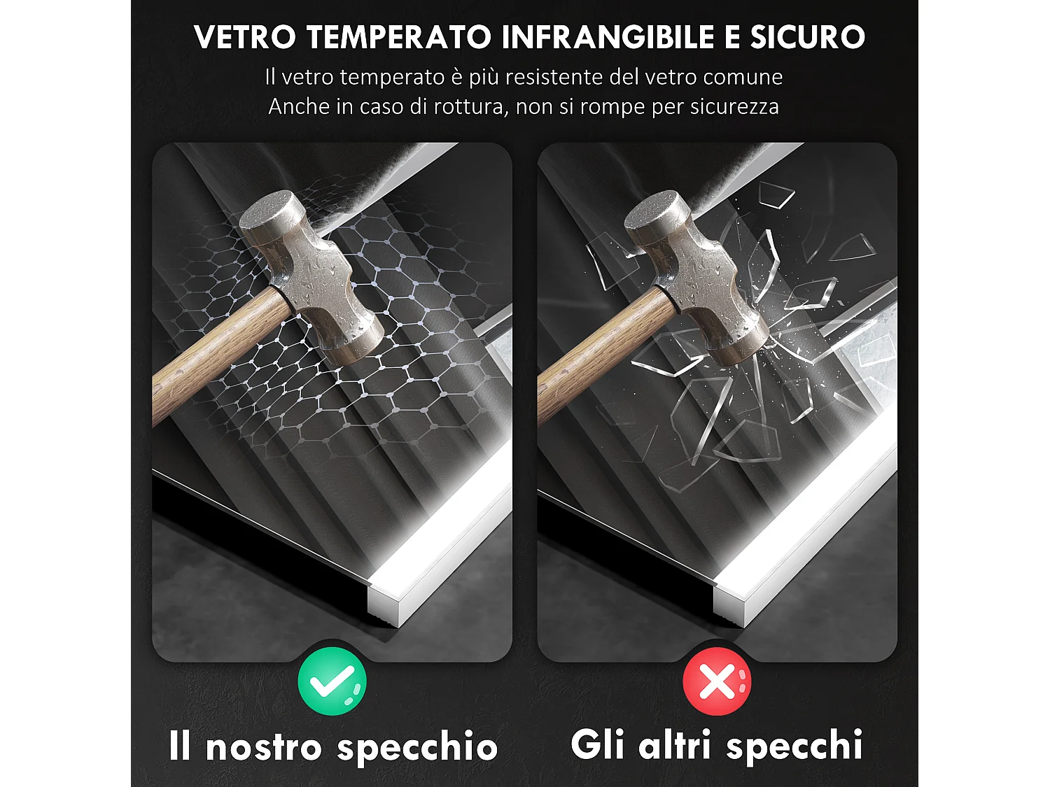 Specchio bagno da parete con luce led a 3 colori 70x50x3 cm