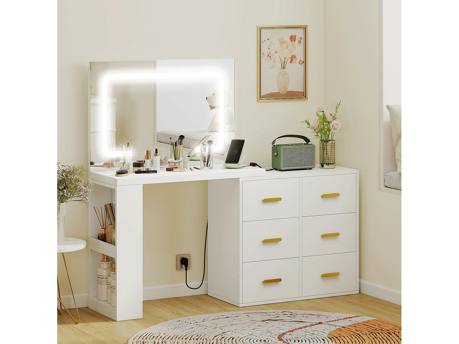 Toeletta con specchio con luci regolabili e 6 cassetti bianco
