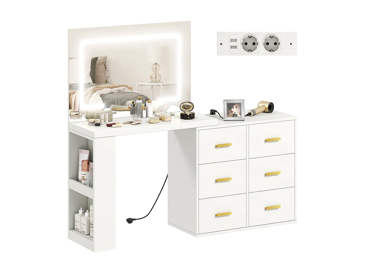 Toeletta con specchio con luci regolabili e 6 cassetti bianco