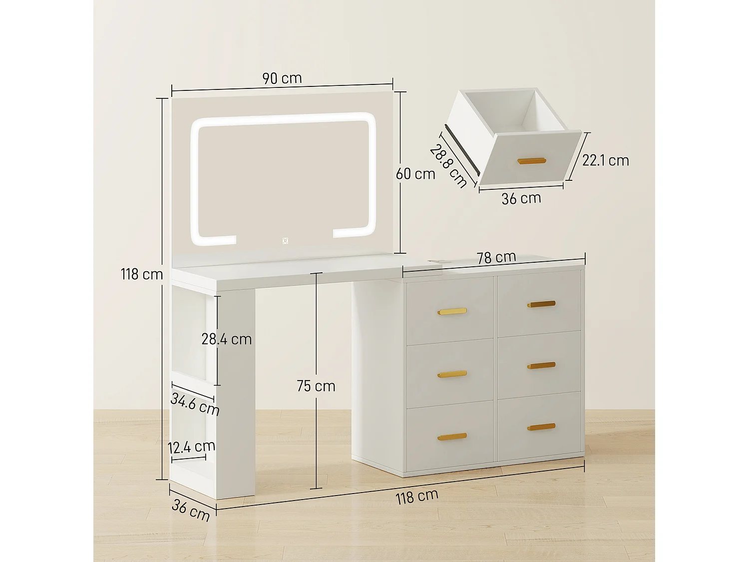 Toeletta con specchio con luci regolabili e 6 cassetti bianco