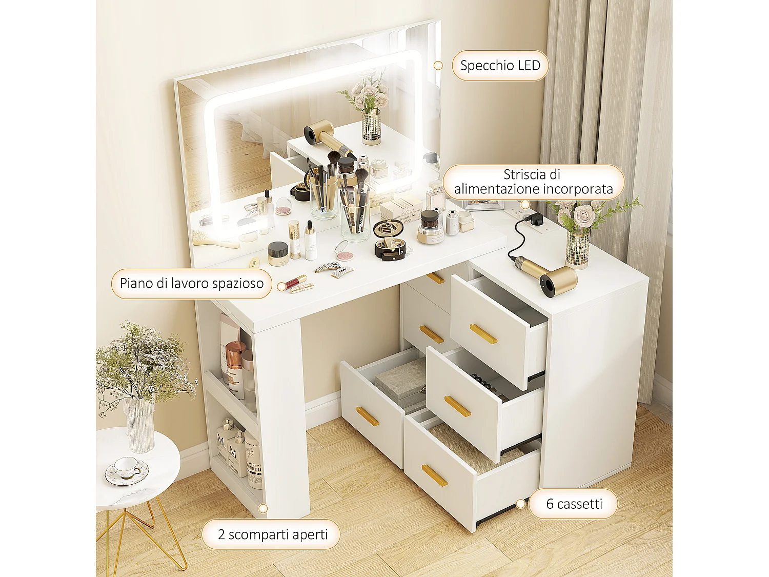 Toeletta con specchio con luci regolabili e 6 cassetti bianco