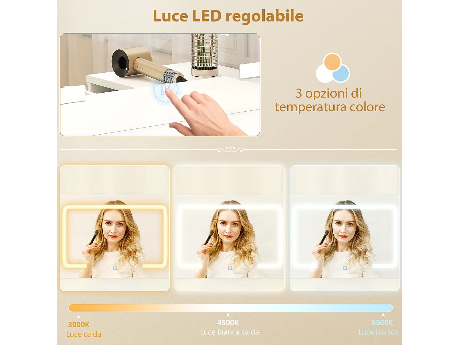 Toeletta con specchio con luci regolabili e 6 cassetti bianco