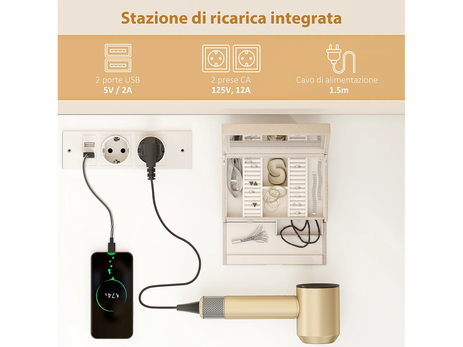 Toeletta con specchio con luci regolabili e 6 cassetti bianco