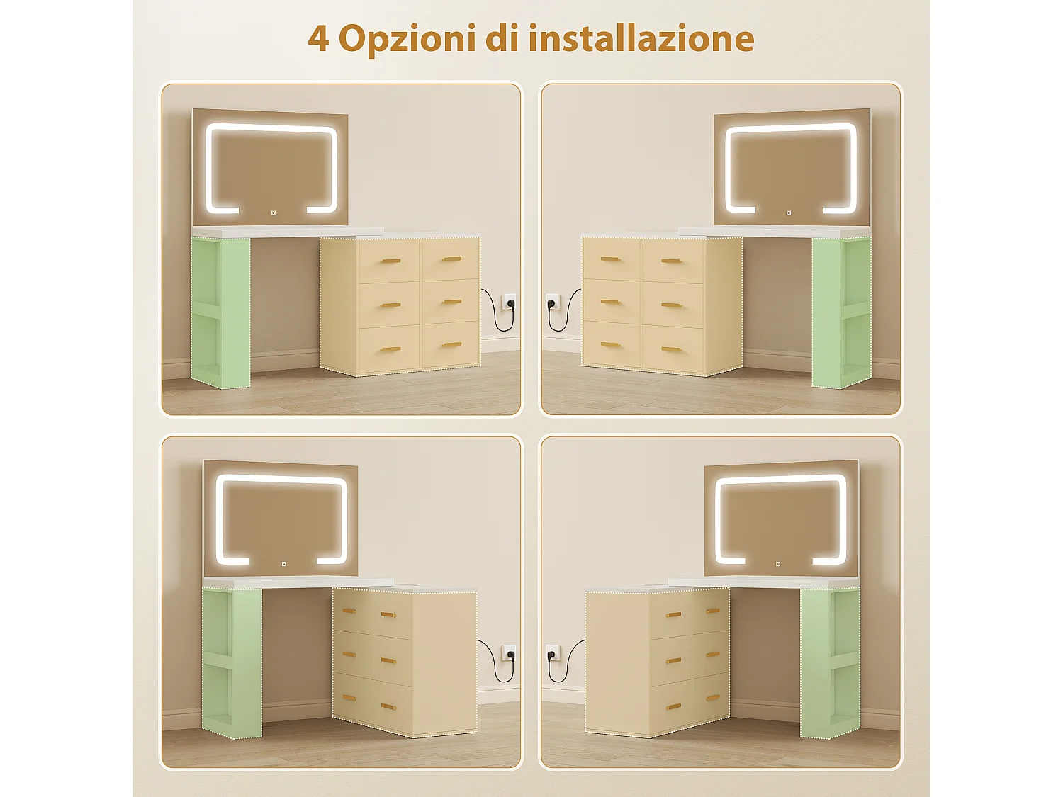 Toeletta con specchio con luci regolabili e 6 cassetti bianco