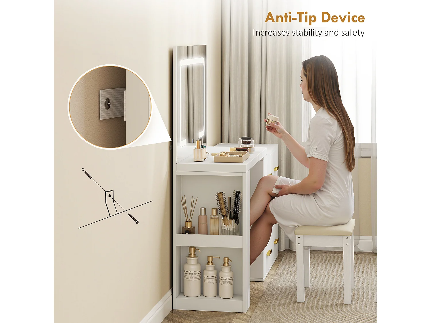 Toeletta con specchio con luci regolabili e 6 cassetti bianco