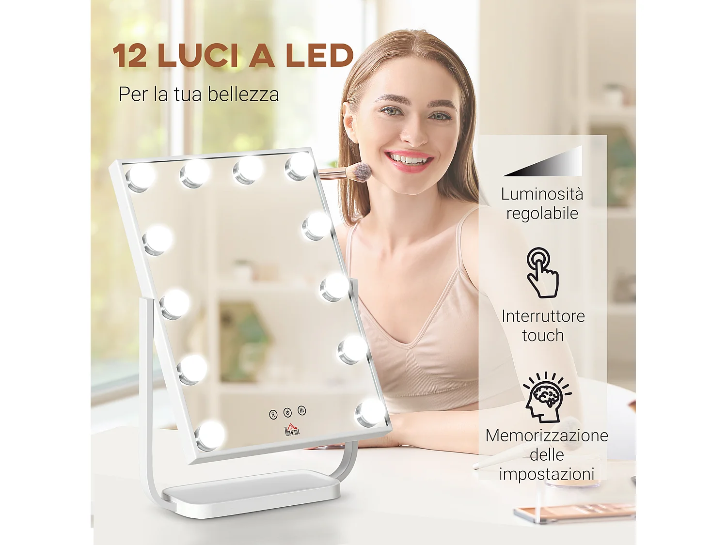Specchio per trucco con 12 luci led luminosità regolabile