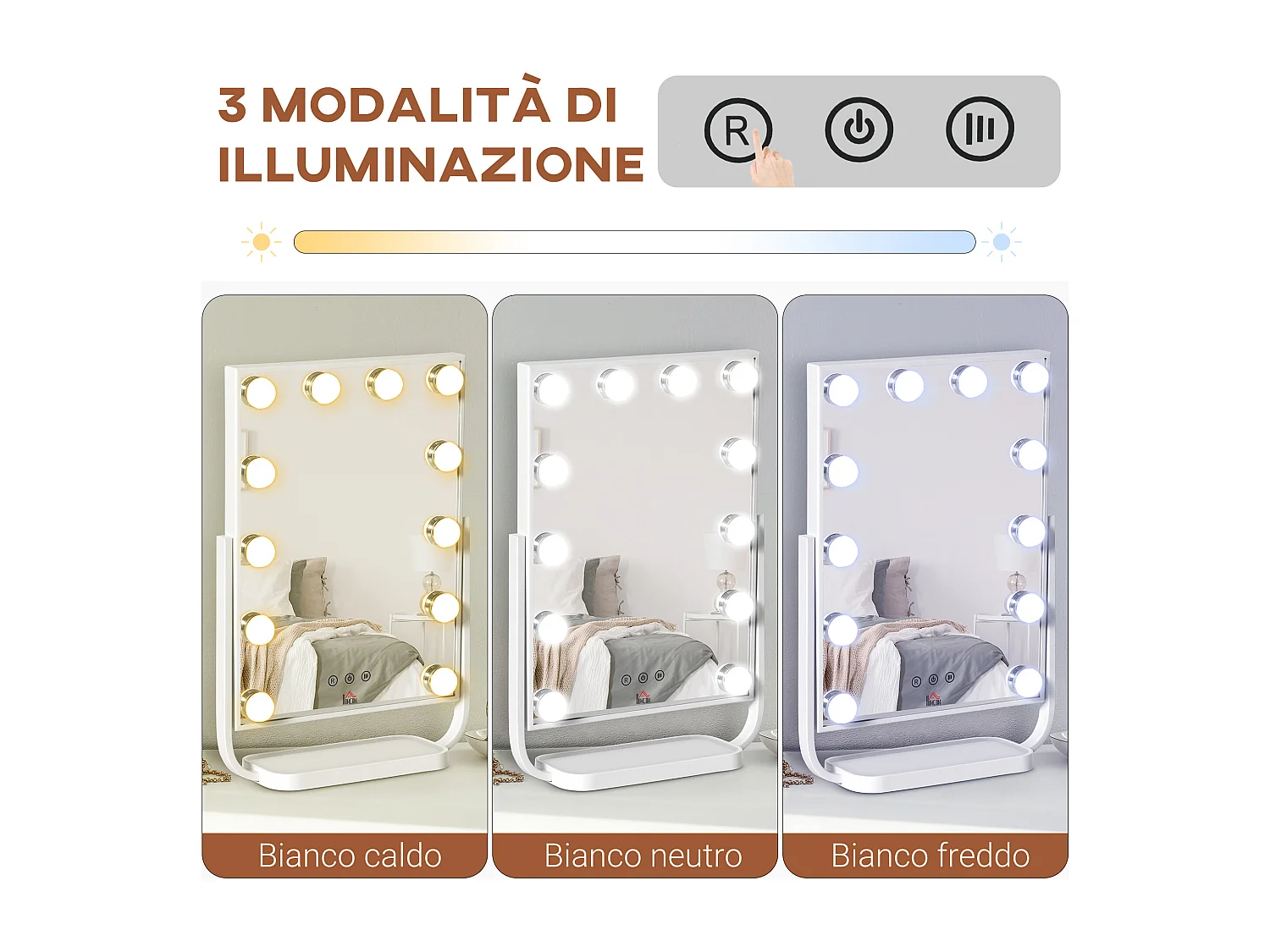 Specchio per trucco con 12 luci led luminosità regolabile