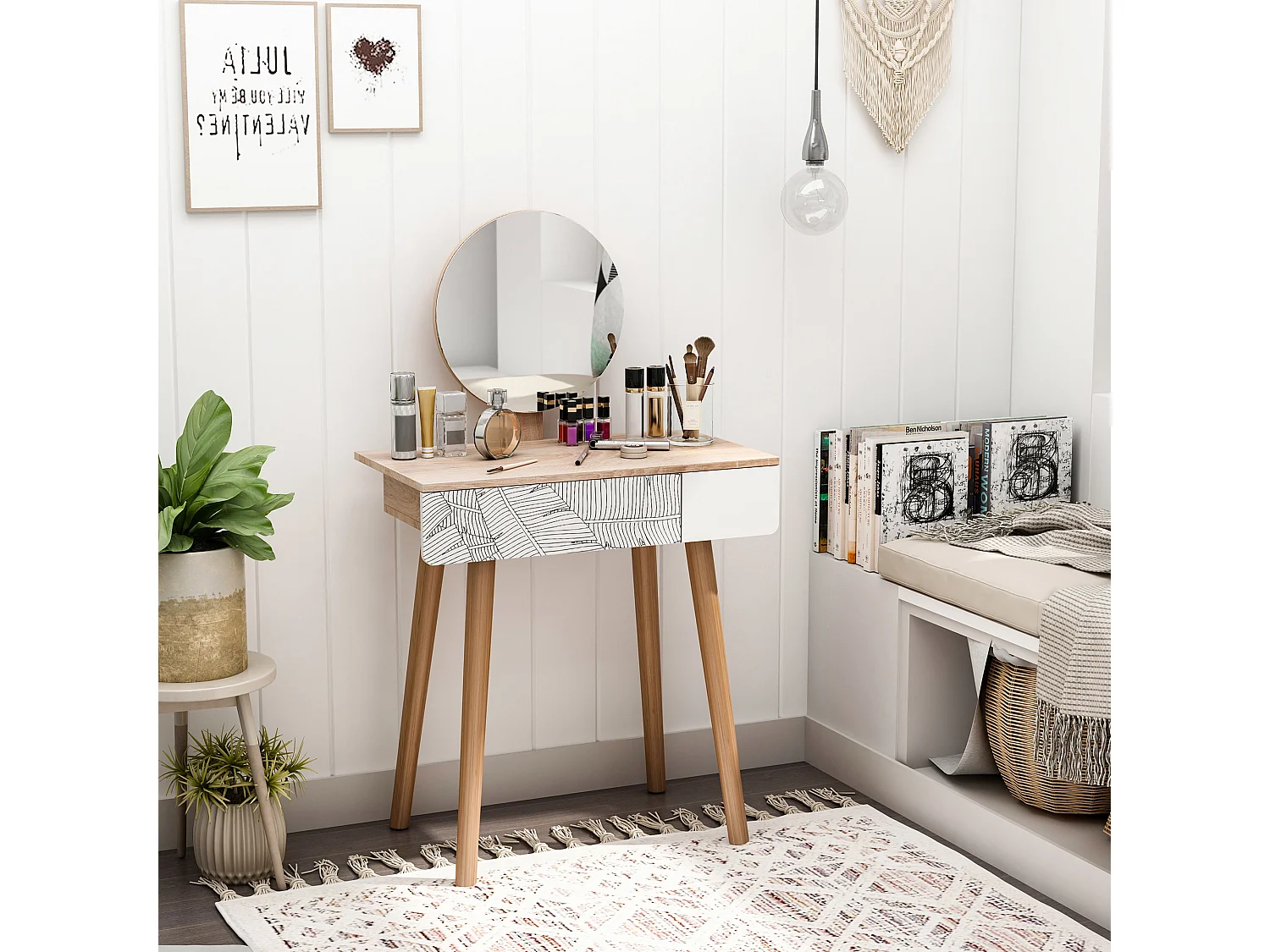 Tavolo da trucco in legno con specchio e cassetto bianco e rovere