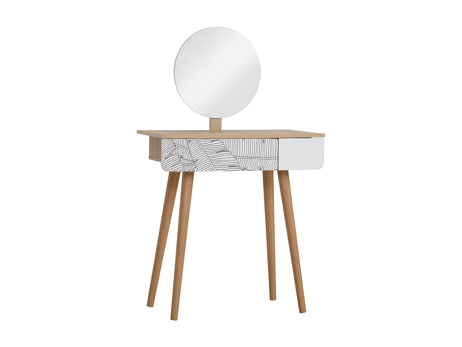 Tavolo da trucco in legno con specchio e cassetto bianco e rovere