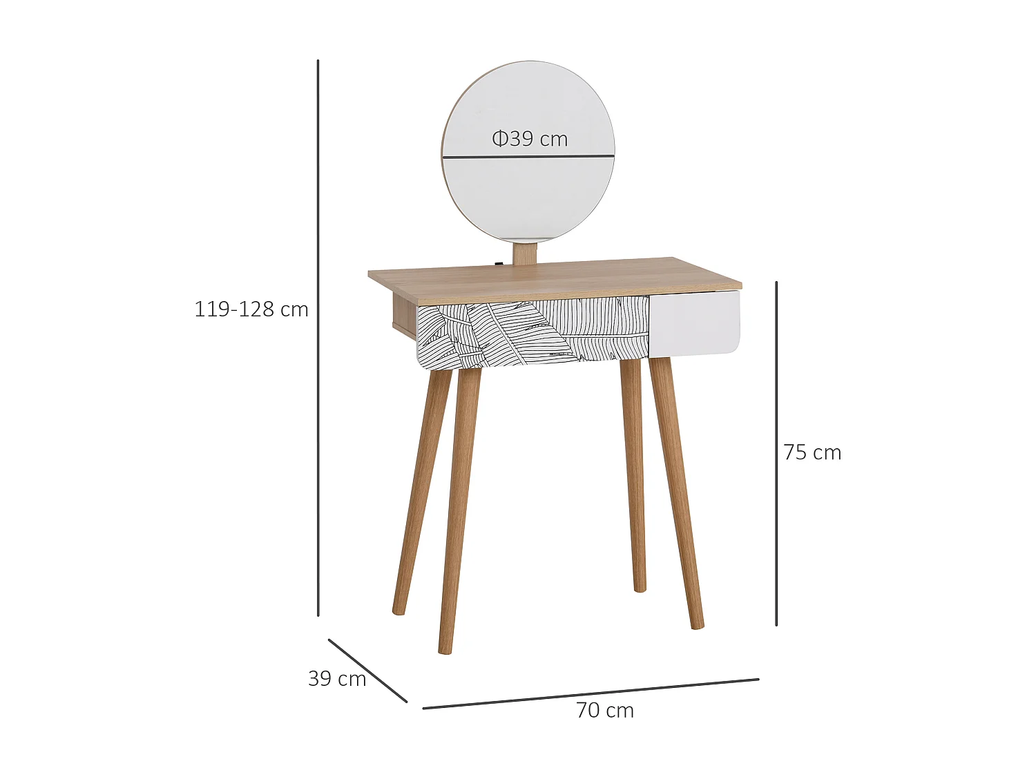 Tavolo da trucco in legno con specchio e cassetto bianco e rovere