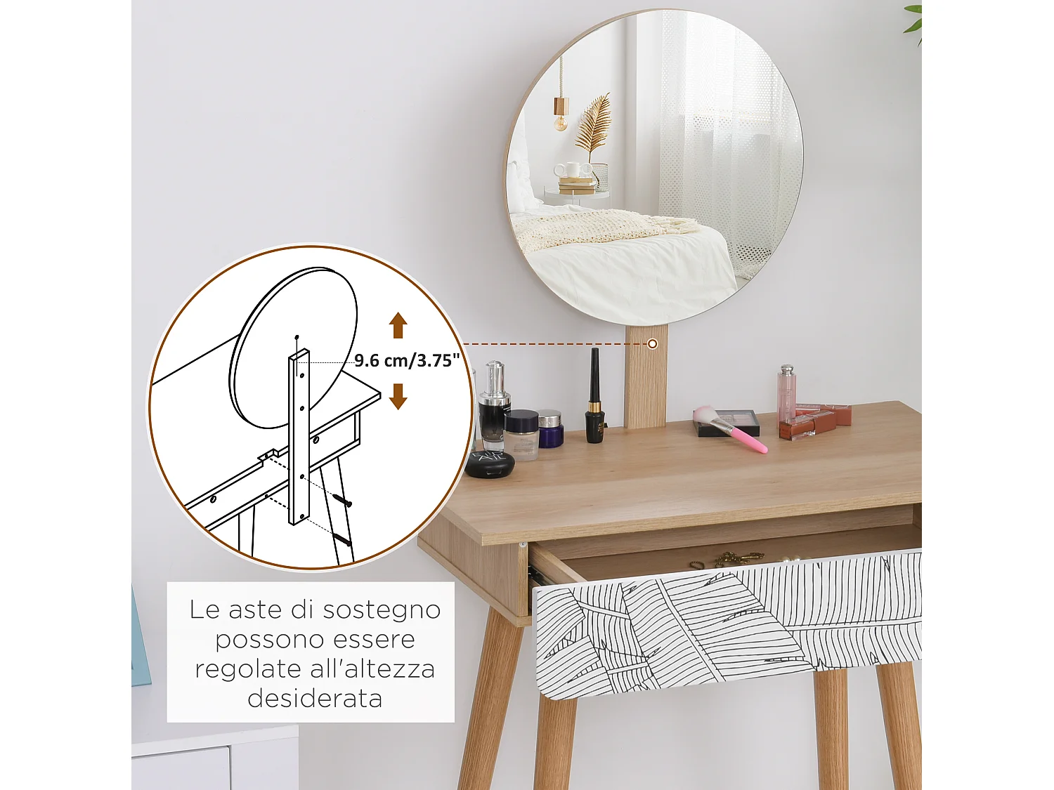 Tavolo da trucco in legno con specchio e cassetto bianco e rovere