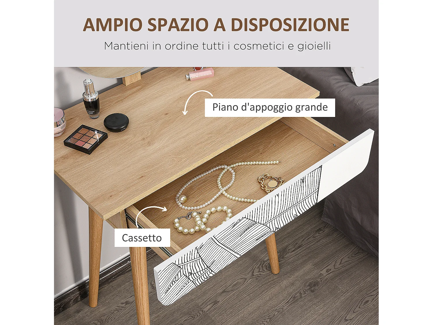 Tavolo da trucco in legno con specchio e cassetto bianco e rovere