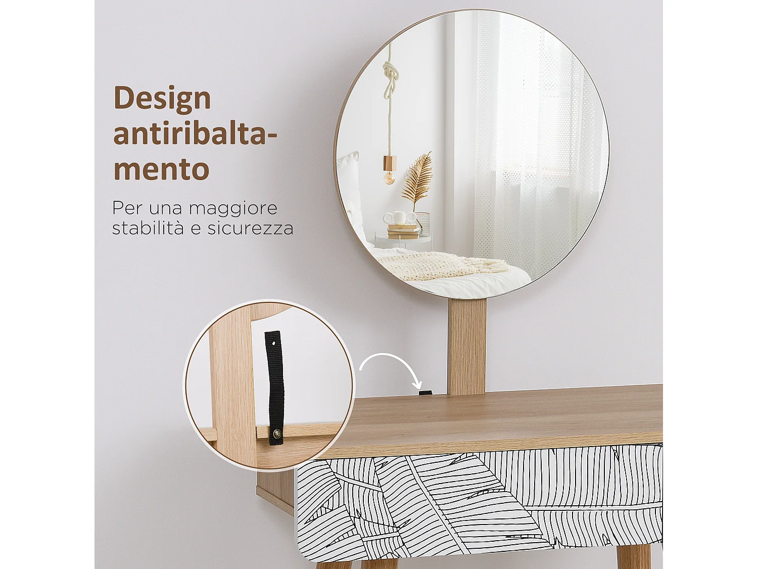 Tavolo da trucco in legno con specchio e cassetto bianco e rovere