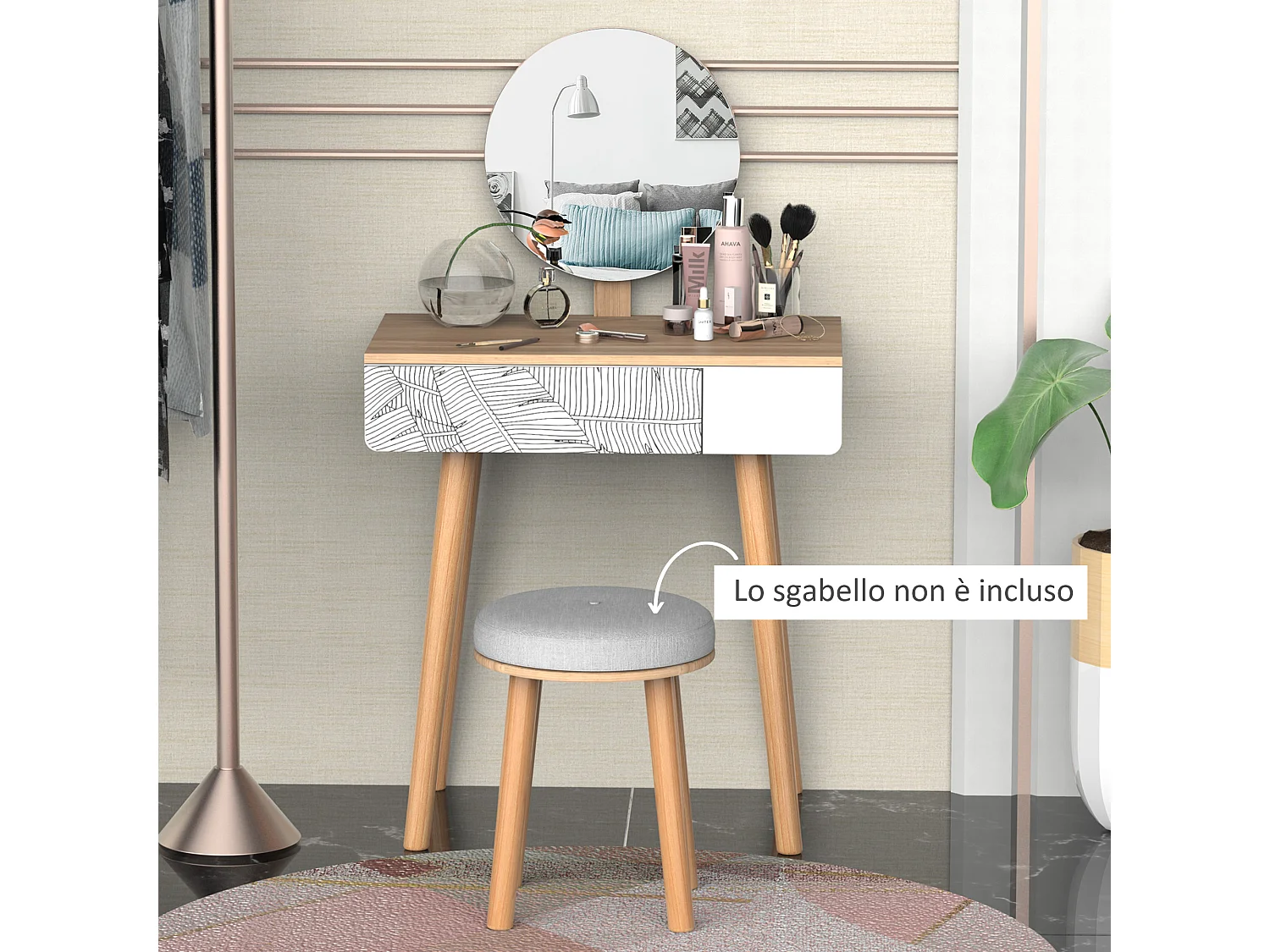 Tavolo da trucco in legno con specchio e cassetto bianco e rovere