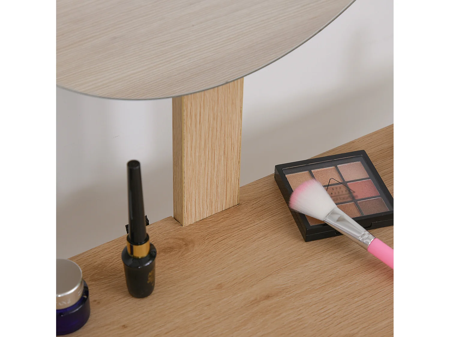 Tavolo da trucco in legno con specchio e cassetto bianco e rovere